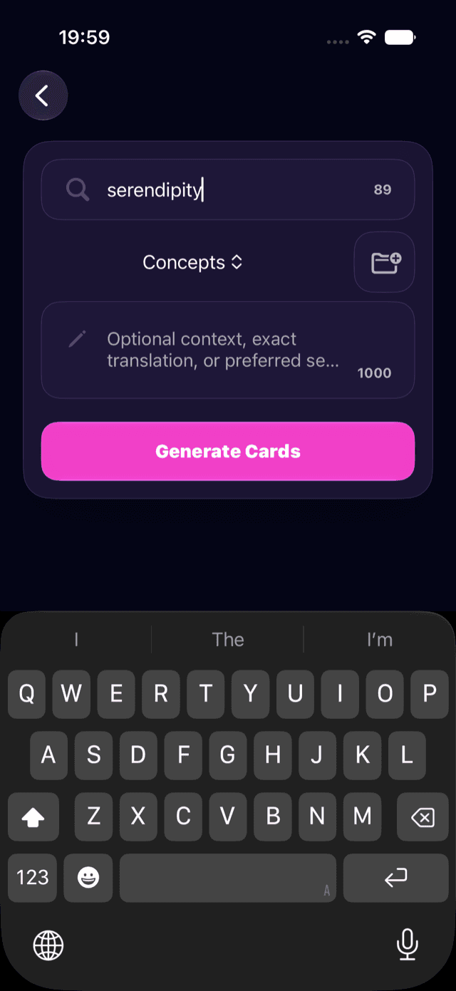 Entering a topic to create cards in Smort